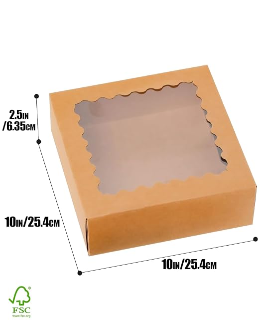 qiqee 10"x 10"x 2.5" Brown Pie Boxes with Window 50Packs Cookie Donut Bakery Box (Auto-pop Up)