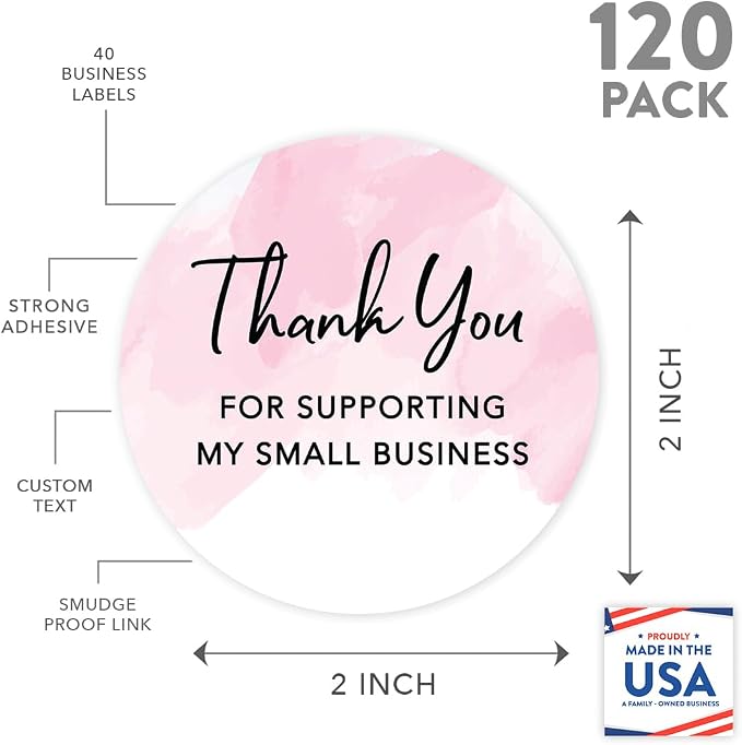 Andaz Press Round Small Business Sticker Labels, 120-Pack, Watercolor Pink Thank You Stickers