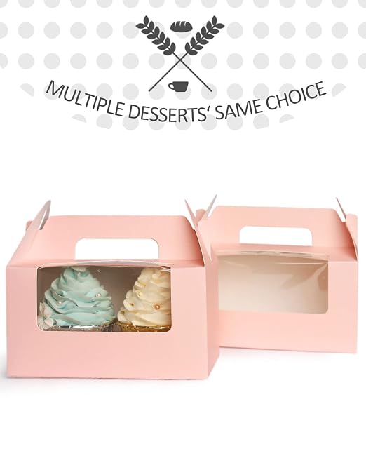 qiqee Pink Cupcake Box Two Holder 6.5x3.6x3.5inch(2.2" Top) 50pcs 2 Cupcake Boxes With Window