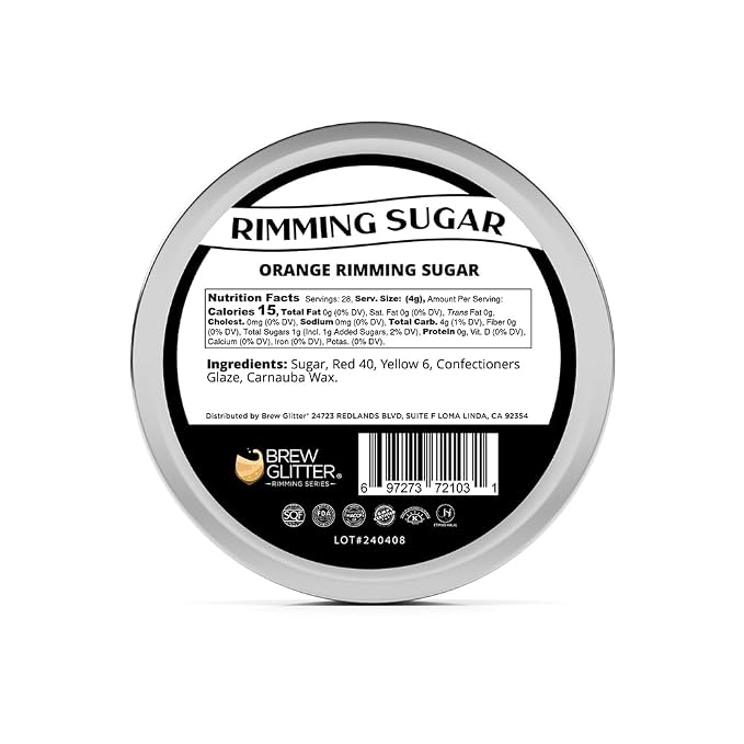 Brew Glitter - Orange Rimming Sugar (4oz, 1x Bar Tin) Cocktail Garnish for Mixed Drinks & Refreshments