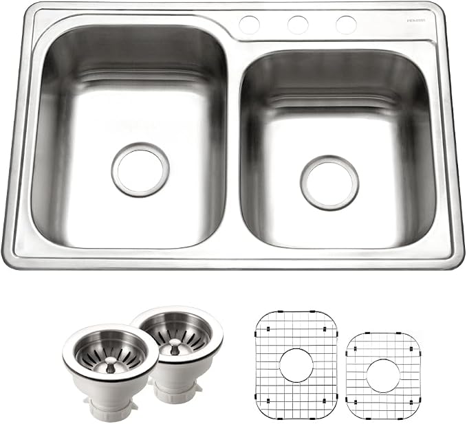 Houzer Glowtone Stainless Steel Kitchen Sink: 33 Inch Topmount 3-Hole 60/40 Double Bowl Kitchen Sink with Strainers & Grids, Durable & Versatile, Essential for Home & Apartment: ISL-3322BS3-C
