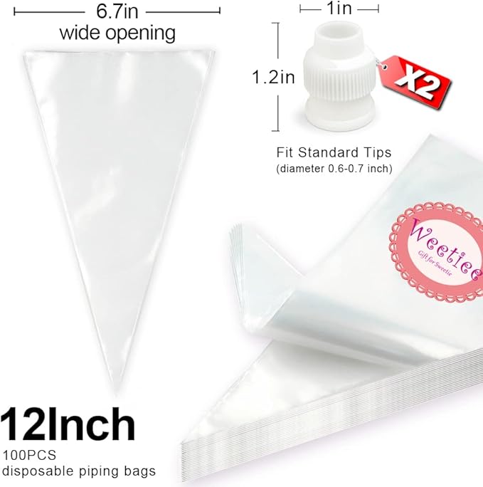 Weetiee Pastry Piping Bags -100 Pack-12-Inch Disposable Cake Decorating Bags Anti-Burst Cupcake Icing Bags for all Size Tips Couplers and Baking Cookies Candy Supplies Kits - Bonus 2 Couplers