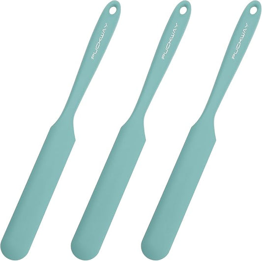 3pcs Silicone Jar Spatulas 10in Long Skinny Heat-Resistant, Narrow Spatula Set for Scraping Peanut Butter, Sourdough, Jam in Small Containers, Blenders & Baking (Green)