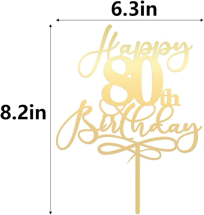 Happy 80th Birthday Cake Topper,Mirrored Gold Acrylic Durable Cake Topper，Hello 80, Cheers to 80 Years/80th Anniversary,80th Birthday Party Cake Decorations，Birthday Party Decorations