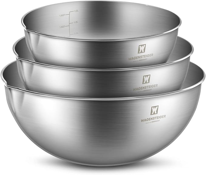 WAGENSTEIGER 3-Piece Stainless Steel Mixing Bowl Set, Silver Color, Nesting Bowls with Pure Spout, Multipurpose Kitchen Basket, 1.56Quarts/3.17Quarts/4.23Quarts (No Color Added)