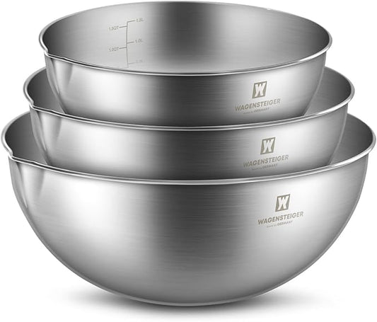 WAGENSTEIGER 3-Piece Stainless Steel Mixing Bowl Set, Silver Color, Nesting Bowls with Pure Spout, Multipurpose Kitchen Basket, 1.56Quarts/3.17Quarts/4.23Quarts (No Color Added)