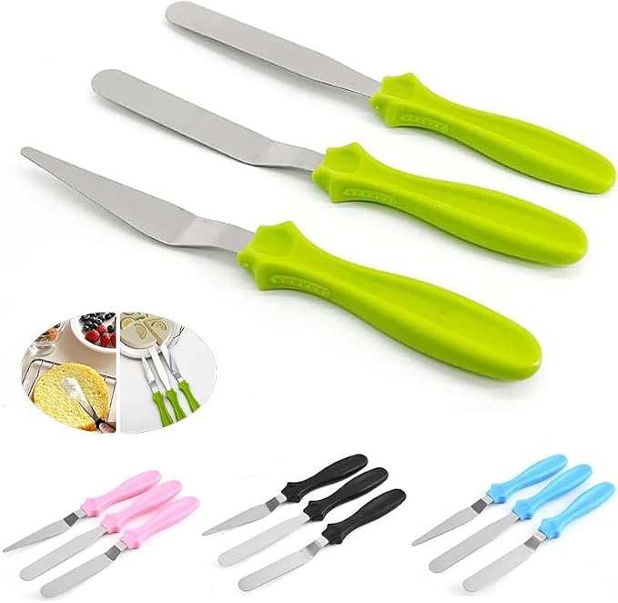 Cake Cream Spatulas, 3 Pieces of Cake Angled Spatula with Stainless Steel, Professional Cake Decorating, Pastry & Baking, Icing Frosting Cream Chocolate Cake Spatula (3 Pcs Green)