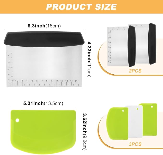 5Piece Dough Scraper Set, 2 Stainless Steel Bench Scrapers with Scale + 3 Plastic Bowl Scrapers, Non-Slip Handle, for Baking Pizza Bread Cake