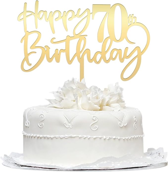 Happy 70th birthday cake Topper,Mirrored Gold Acrylic Durable Cake Topper,70th Birthday Party Cake Decorations,Hello 70th years old, Happy seventy years old, Birthday Party Decorations