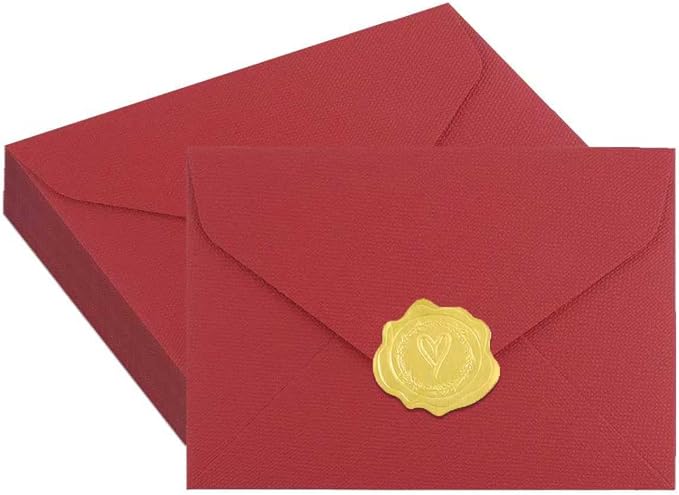 20 Pack 4x6 Red Linen Envelopes with Gold Wax Seals - Handmade Look A6 Vintage Envelopes & Self-Adhesive Seal Stickers for Greeting Cards, love letter, Wedding, Party Invitation