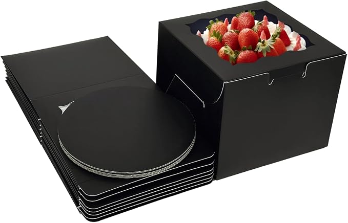 Bakepacker 36pcs 6x6x5 Inches Cake Boxes with Window 18-Packs Black 6 Inch Bakery Boxes (18 Cake Boxes +18 Cake Boards Included)
