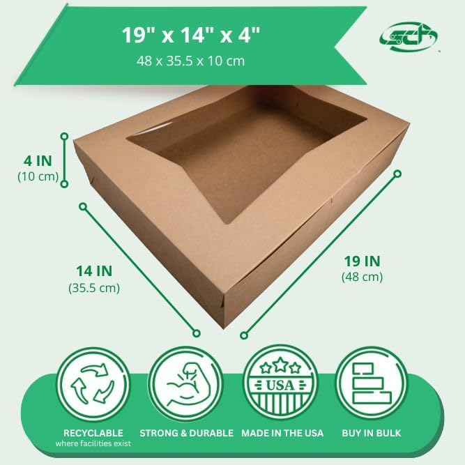 Southern Champion Tray 23133K Kraft Paperboard Lock Corner Window Bakery Box, 19" Length x 14" Width x 4" Height, Natural (Case of 50)