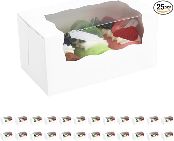 25 Roll Cake Boxes, 7x4x3.5 inches Pumpkin Roll Boxes, White Bakery Boxes with Window, Muffin Boxes Donut Boxes Pastry Cake Packaging