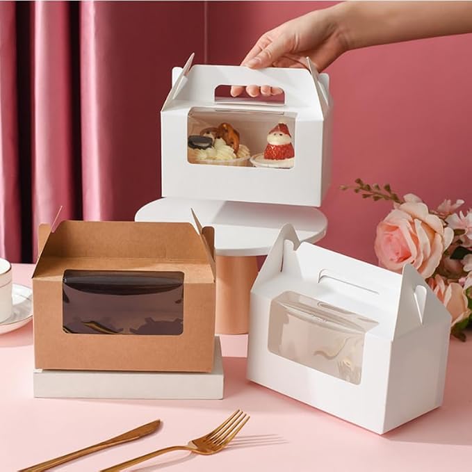 25Pcs Cupcake Containers -2 Holders Individual Cupcake Boxes with Clear Window Inserts and Handle Cupcake Muffins Cupcake Carriers for Birthday Party Wedding Cookies Pastries (Brown)