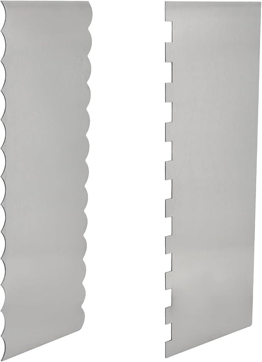Cake Scraper - 2 Pack 8.6 Inch Stainless Steel Cake Decorating Tool, Double Sided Smooth & Patterned Edge for Buttercream, Fondant, Mousse