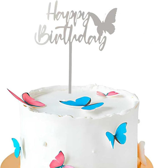 Silver Butterfly Happy Birthday Cake Topper Mirrored Acrylic Happy Birthday Cake Party Sign Decoration