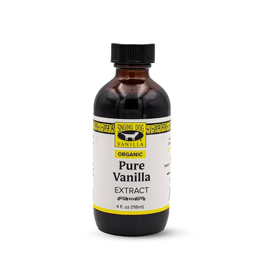 Singing Dog Vanilla Organic Pure Vanilla Extract, 4 fl oz - USDA Organic, Non-GMO, Sugar-Free, Corn-Free, Kosher Pareve, Vegan - Fair Trade Plus+