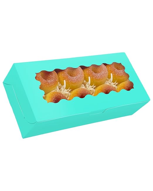 qiqee 50 Packs Mint Blue Cookie Box with Window 12x5.5x2.5 Inch Two Uses Pastry Biscuit Bakery Box For Packaging