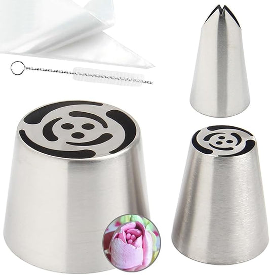 14 PCS Russian Piping Tips Set,Stainless Steel Icing Nozzles for Cake Decorating, Cream Flower Bouquet DIY Cookies, Desserts Baking Tools 1 XXL, 1 XL, 1 Medium Leaf, 10 Piping Bags, 1 Brush