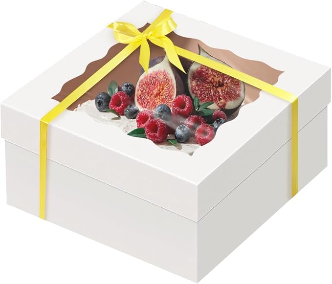 qiqee White 12x12x8 Cake Box, 4 Sets White Cake Box with Window ＆ 4 Sets 12" White Cake Round Boards, 12inch Cake Containers