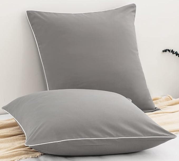 DAUAOTO Euro Shams 26"x26" Square Pillow Cushion Cover 2 Pieces Set Microfiber (Gray with Decorative White Piping)
