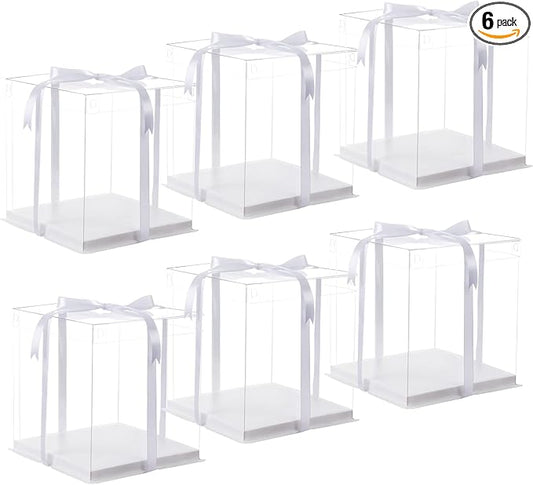 XININSUN 6Pcs clear cake Box with Ribbon, 8 X 8 X 9inch tall cake box,8inch Bakery Take Out Transport Containers Clear Gift Boxes for Wedding, Birthday, Party