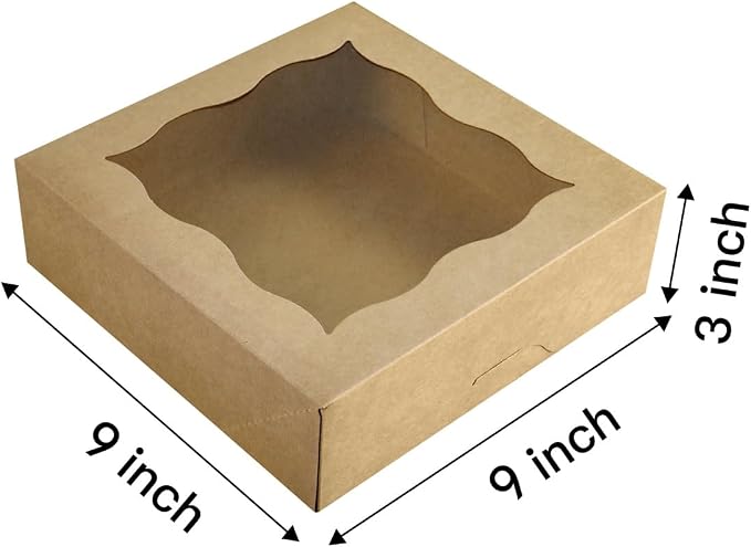 CHERRY 25-PACK 9"x9"x3"Brown Bakery Boxes with PVC Window for Pie and Cookies Boxes Large Natural Kraft Paper Box 9x9x3inch,Pack of 25