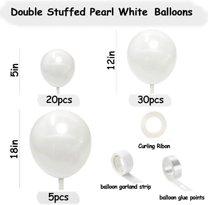 Pearl White Balloons Double Stuffed Latex Pastel White Balloon Garland Different Sizes 18/12/5in Cream Balloon Arch Kit for Wedding Bridal Valentine Mother's Day Frozen Birthday Party Decorations