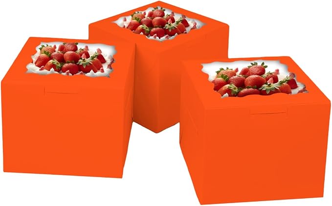 Bakepacker 36pcs 6x6x5 Inches Cake Boxes with Window 18-Packs Orange 6 Inch Bakery Boxes (18 Cake Boxes +18 Cake Boards Included)