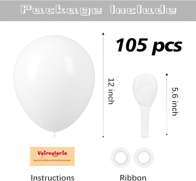 Voircoloria 105pcs White Balloons 12inch Party Balloons for Birthday Baby Shower Graduation Wedding Anniversary Party Decorations
