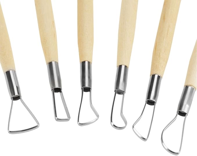 6Pcs Clay Sculpture Tools, Wooden Handle Double Ended Modeling Tools Ceramic Clay Tools Ribbon Sculpting Tool Kit for Clay, Fondant, Cake, Ceramic, Dough, Plaster, Wax