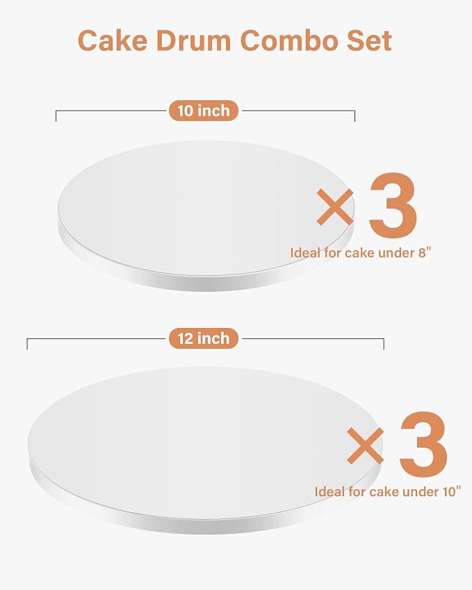 Kootek Cake Boards 10 & 12 Inch Round, 1/2 Inch Thick Cake Drum, Sturdy Corrugated Cardboard Base, Base para Pastel, White, 6 Pack