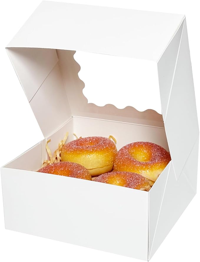 qiqee Auto-pop up 6x6x3 Inch White Cookie Box with Window 30Pcs Pastry Macaron Bakery Box For Packaging