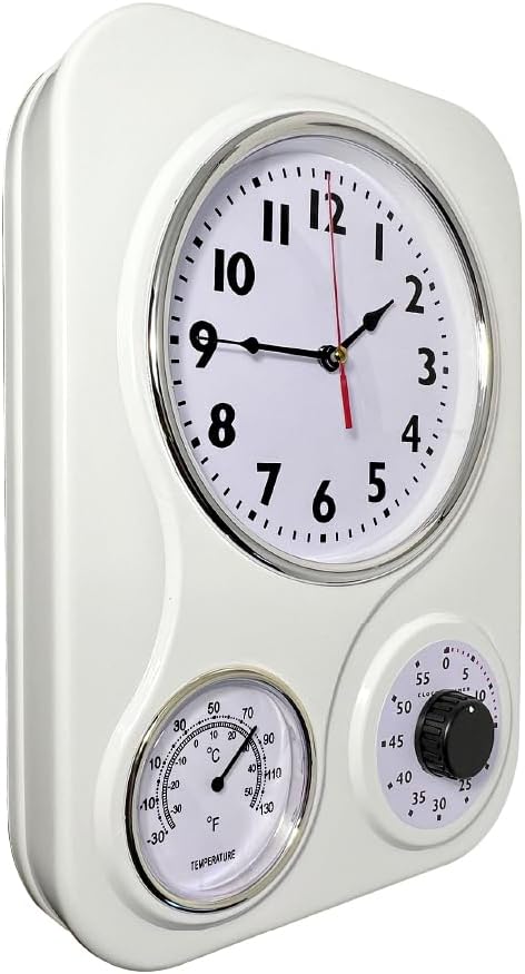 Lily's Home - 9 Inch x 12.5 Inch - Retro Kitchen Wall Clock, Vintage Wall Clock with a Thermometer and 60-Minute Timer, Ideal for Any Kitchen, Office, or Diner (White)