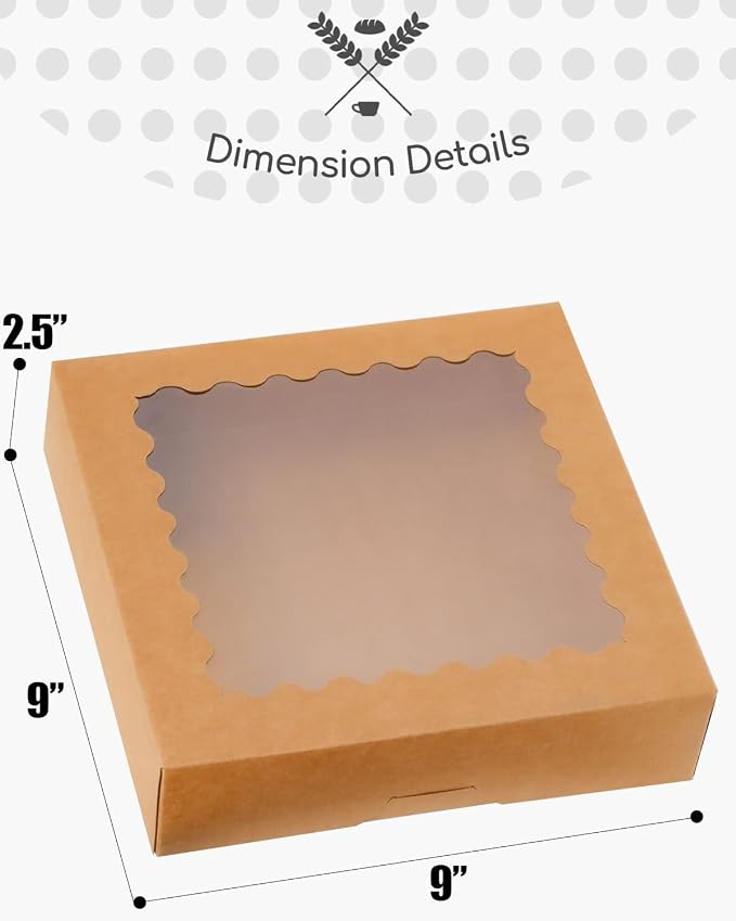 qiqee Auto-pop Up 30pcs Pie Box With Window 9x9x2.5 Inch Donut Pastry Boxes Brown Bakery Box