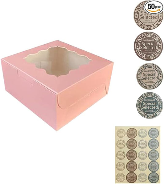 Generic 50Pcs (6x6x3 in) Mini Cake Boxes+3 stickers with Display Window for Gift Giving, Bakesale, Cupcakes, Dessert, Cookies, Pie, Macaroons, Donuts, Pastry, Kraft Paper Material… (50Pcs Pink)
