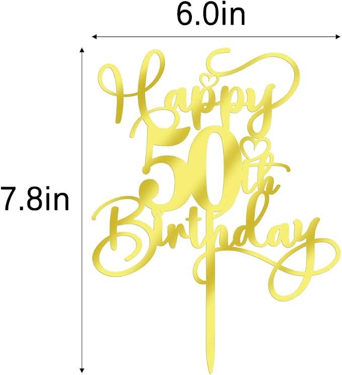 Happy 50th Birthday Cake Topper，Mirrored Gold Acrylic Birthday Topper for Cheers to 50 Years Birthday/Anniversary Party Decoration Ideas, Perfect Keepsake for your family and friends(50th)