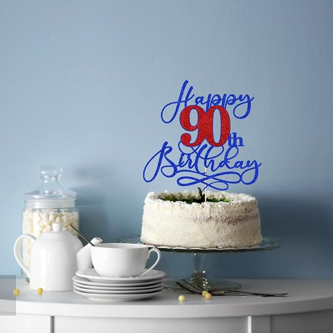 Happy 90th Birthday Cake Topper,Deep blue font red Numbers 90th Birthday Cake Decoration,Hello 90, Cheers to 90 Years/90th Anniversary,90& Fabulous Party Decoration