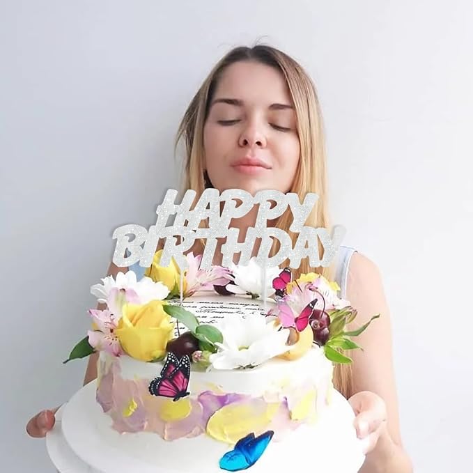 BEISHIDA silver HAPPY BIRTHDAY Cake Topper, Happy Birthday Cake Bunting Decor,Birthday Party Decoration Supplies，Photo Booth Props