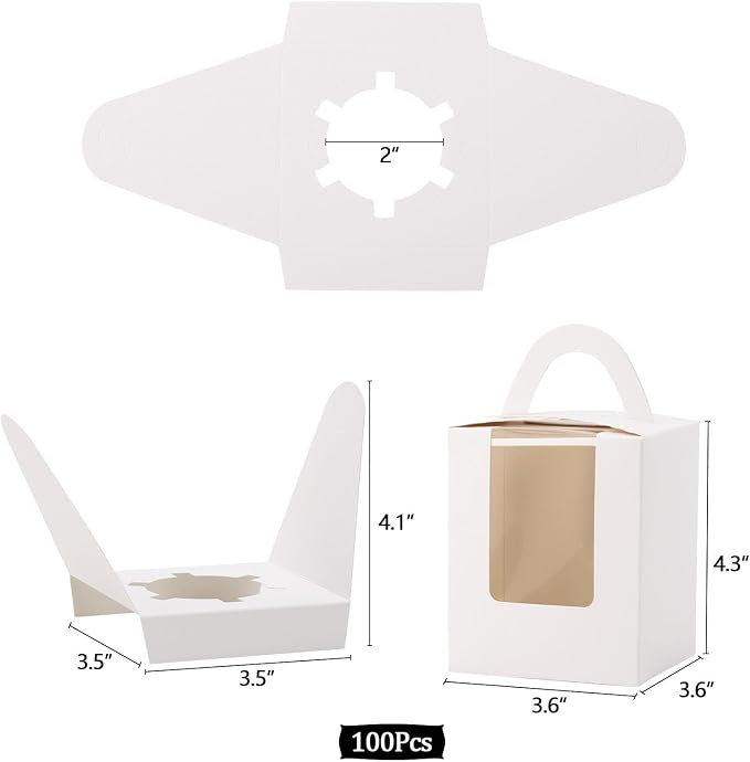 acDesign 100Pcs Cupcake Boxes With Window 3.6in*3.6in*4.3in Cupcake Carrier Individual With Handle and Inserts for Wedding Bakery Wrapping Party Favor Packing(White)