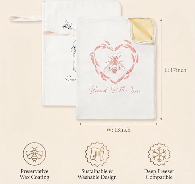 Beeswax Bread Bags for Homemade Bread — 2 Pack XL 17x13 Reusable Sourdough Bread Bag, Linen Cotton Bread Storage Bags for Countertop & Freezer, Keeps Loaves Fresh 3-5 Days, by KITA Home