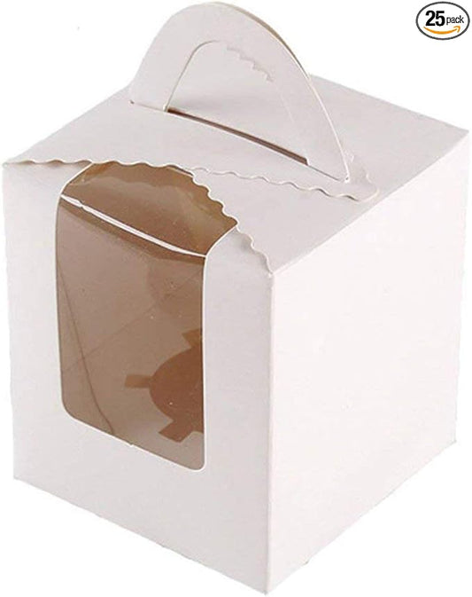 25 Pcs Single White Cupcakes Containers Gift Boxes with Window Inserts Handle for Wedding Candy Boxes (25P-Handle-White)