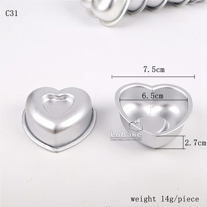 LoBake 10pcs 7.5cm mini heart anodising aluminium alloy metal tart mold pudding mold pan tin loaf mould cake molds for oven baking C31