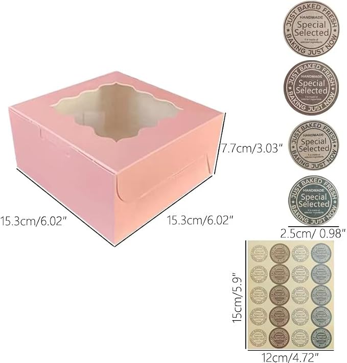 JIYIXhylera 30Pcs (6x6x3 in) Mini Cake Boxes+2 stickers with Display Window for Gift Giving, Bakesale, Cupcakes, Dessert, Cookies, Pie, Macaroons, Donuts, Pastry, Kraft Paper Material… (30Pcs Pink)