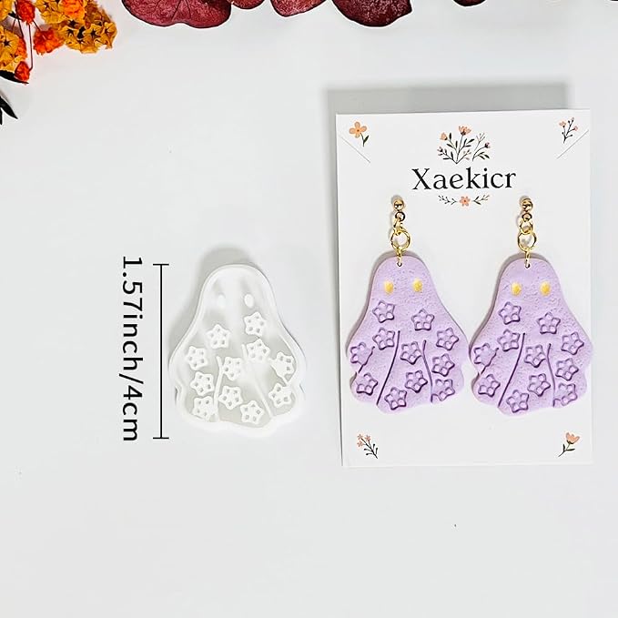 Xaekicr Halloween Ghost Polymer Clay Cutters with Floral Pattern – Cute Clay Earring Cutters Set for DIY Earrings – Polymer Clay Molds and Clay Tools for Halloween Jewelry Making