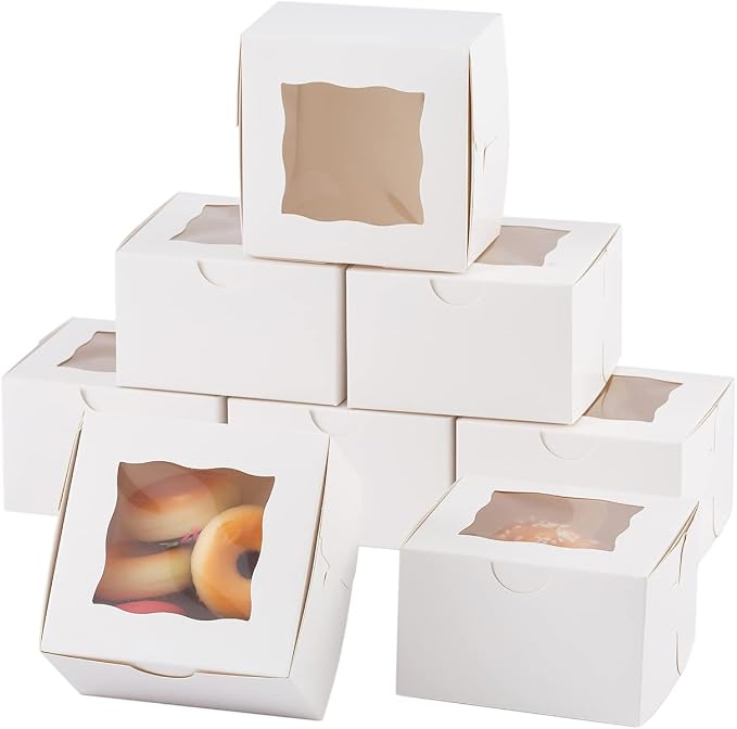 100Pcs Paper Cookie Boxes With Window Small Bakery Boxes 4x4x2.5 Inches Mini Cake Boxes For Pastries,Cupcakes,Desserts,Donuts,Chocolate Strawberries,Candy,Treat Boxes(4 * 4 * 2.5,White)