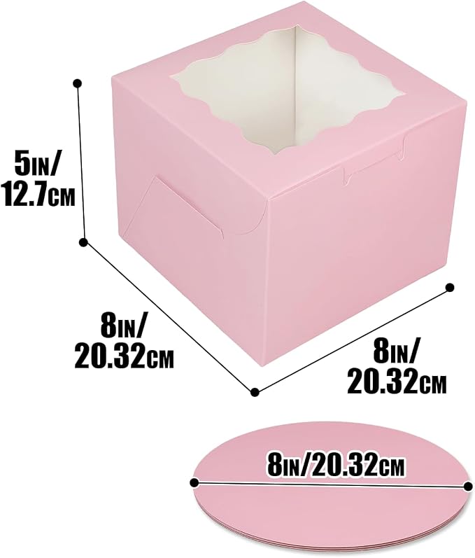 Bakepacker 8x8x5 Inches 36pcs Matte Pink Cake Boxes with Window 18-Packs (18 Boxes +18 Cake Boards Included)
