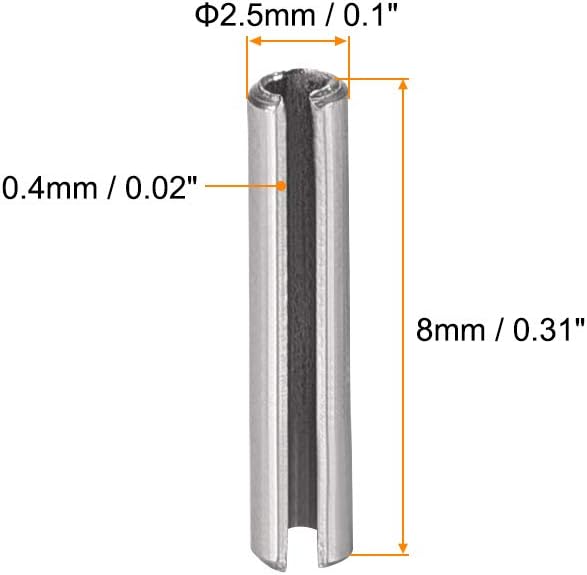 uxcell Slotted Spring Pin - M2.5 x 8mm 304 Stainless Steel Split Spring Roll Dowel Pins Plain Finish 20Pcs
