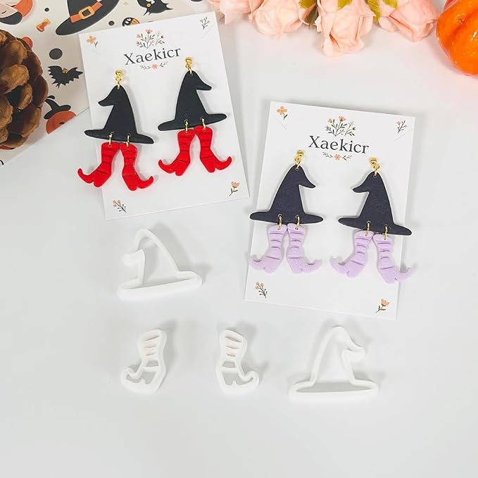 Xaekicr Halloween Witch Hat and Boots Polymer Clay Cutters – 2pcs Clay Earring Cutters for Halloween Jewelry Making – Clay Tools for Polymer Clay Molds