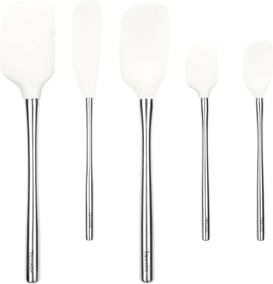 Tovolo Stainless Steel Handled Silicone Spatula Set of 5 White, Dishwasher Safe Kitchen Spatula Set for Cooking Baking, Non Toxic BPA Free Silicone Spatula set with Metal Steel Handle
